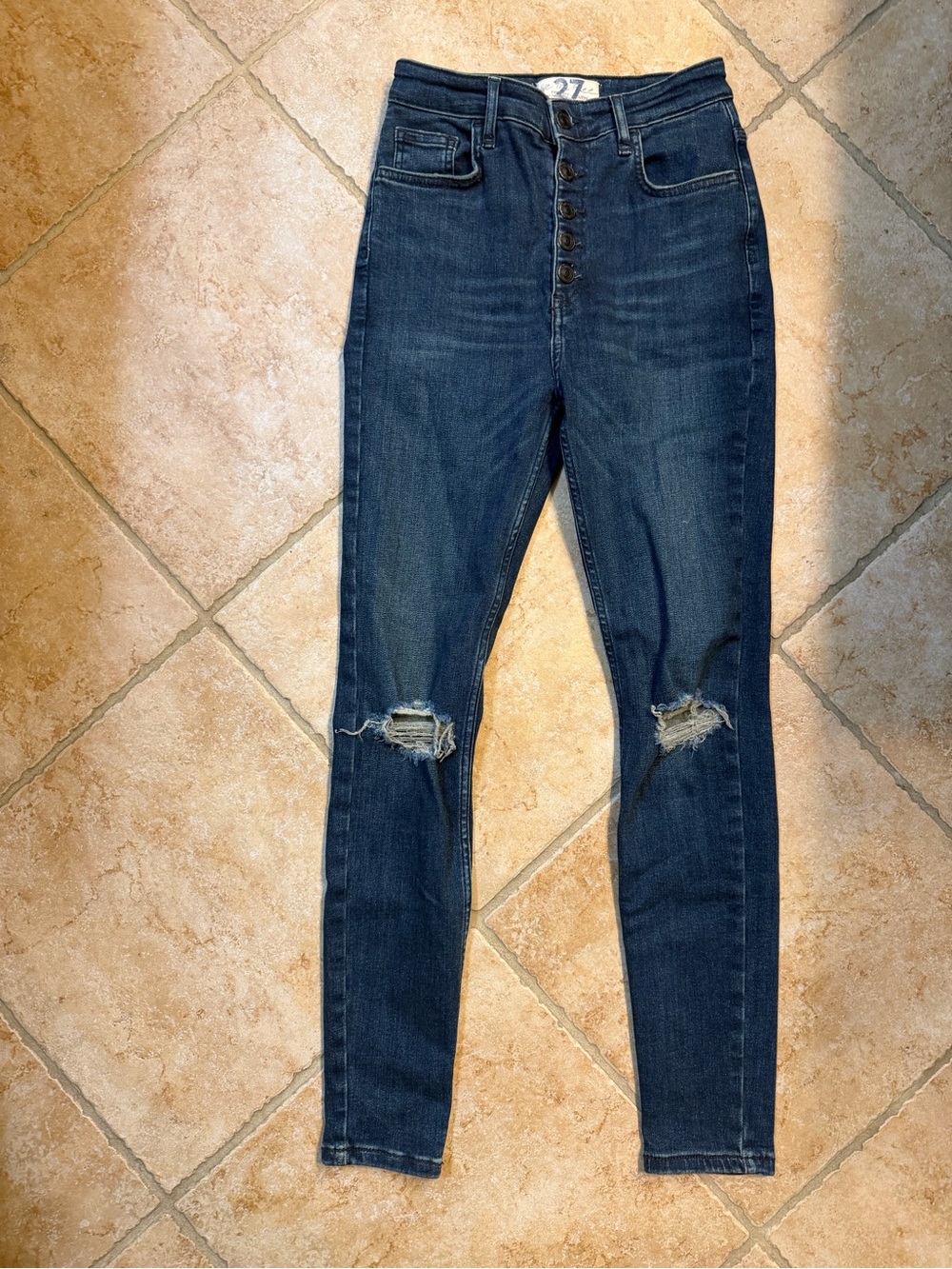 Free People Dark Blue High-Rise Distressed Button-Fly Skinny Jeans